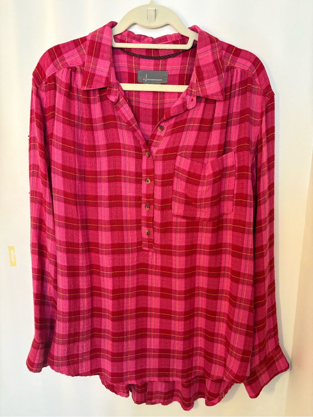 Anthropologie Pink and Red Plaid Button-Down Shirt